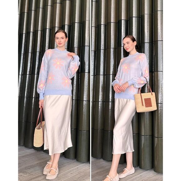 Zeagoo Women's Blue-flower Long Sleeve Pullover Ribbed Knitted Pattern Sweater - Picture 5 of 7